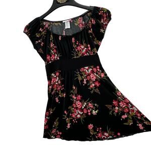 Vintage Y2K Body Central Babydoll Top M Women Black Pink Floral Empire Waist